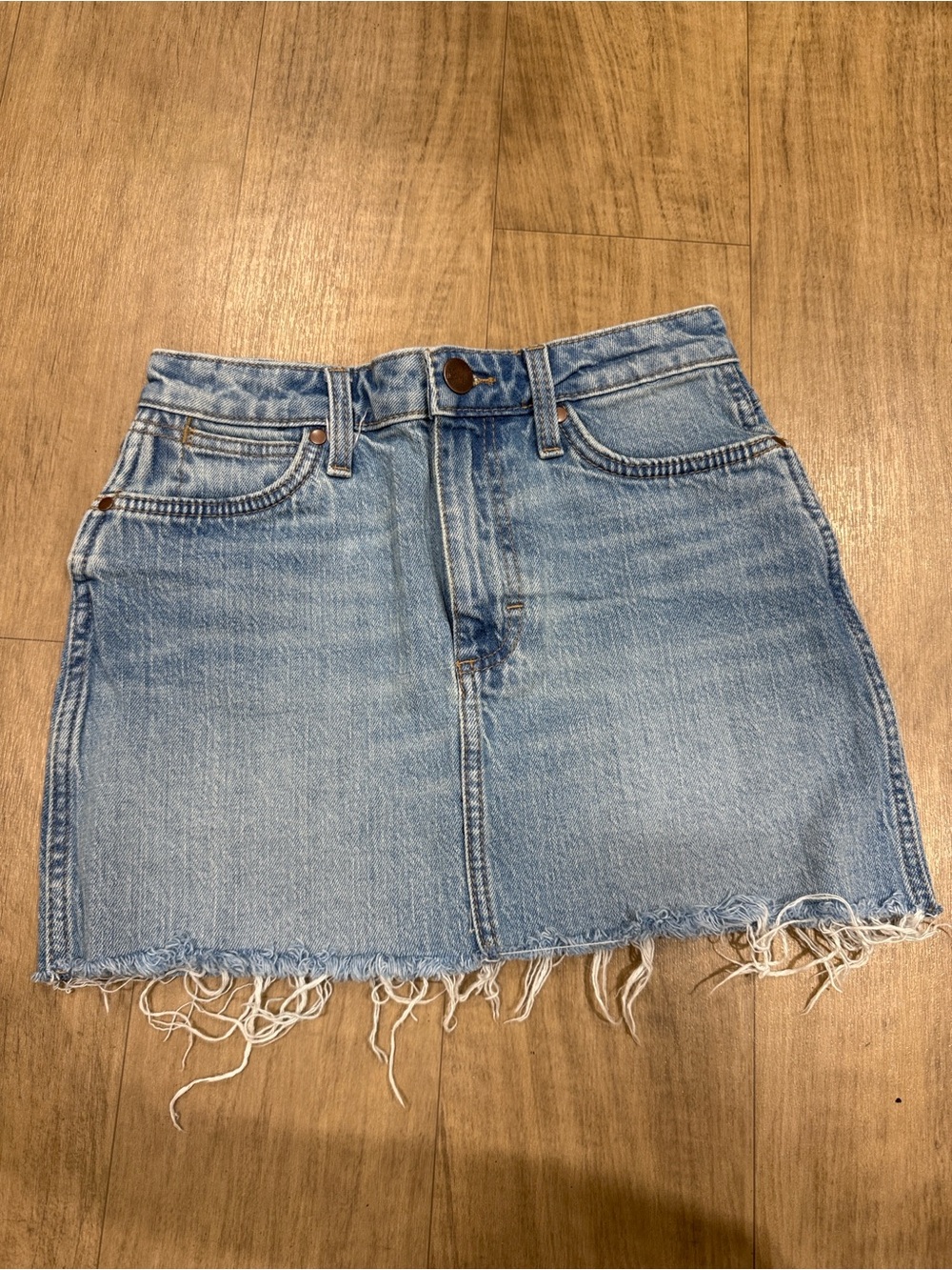 Wrangler Light Blue Denim Mini Skirt with Frayed Hemline